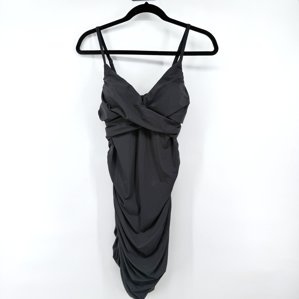 Halara Dress Bodycon Ruched Mini M Black Women Sleeveless Crossover V-Neck LBD